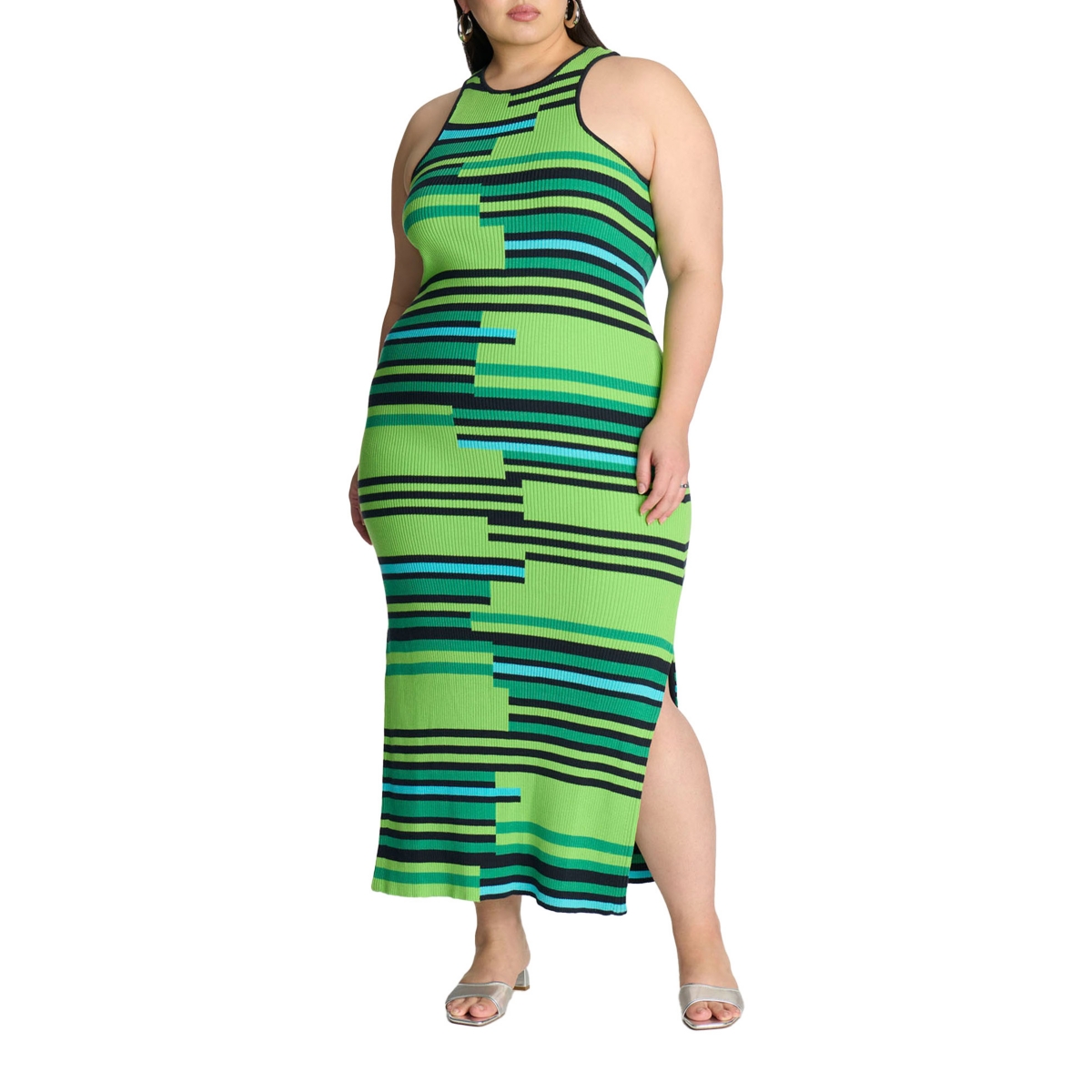 Plus Size Mixed Stripe Ribbed Dress - Green steps stripe