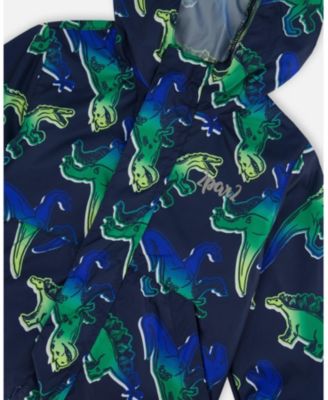 Boy Printed Packable Windbreaker Blue And Green Dino On Navy - Toddler|Child