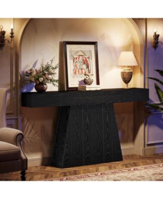 Wood 63-Inch Console Table with Trapezoidal Base for Entryway or Living Room