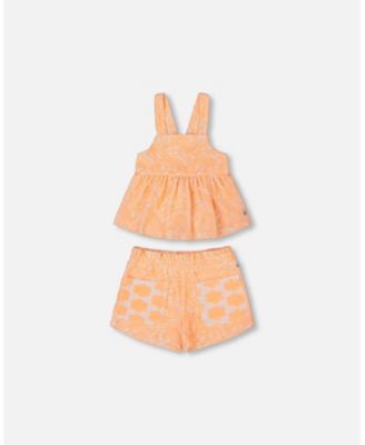 Big Girls Printed Terry Tank Top And Shorts Set Vibrant Orange And White