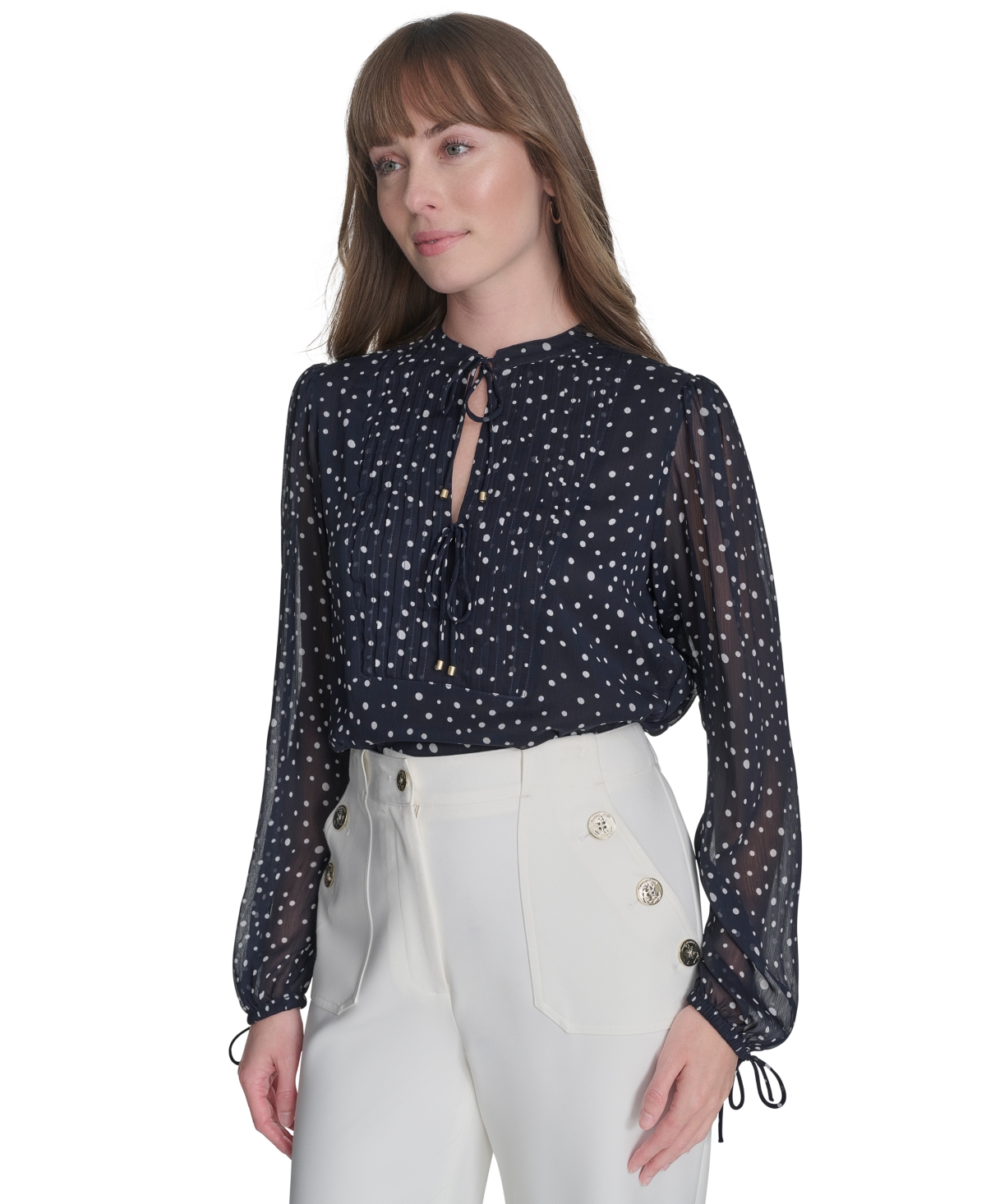 Tommy Hilfiger Women's Tie-front Popover Blouse In Midnight,ivory