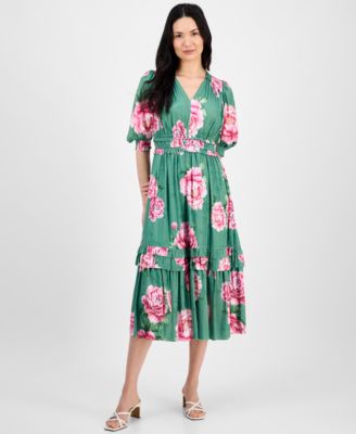 Women's Printed V-Neck Fit & Flare Ruffle Dress
