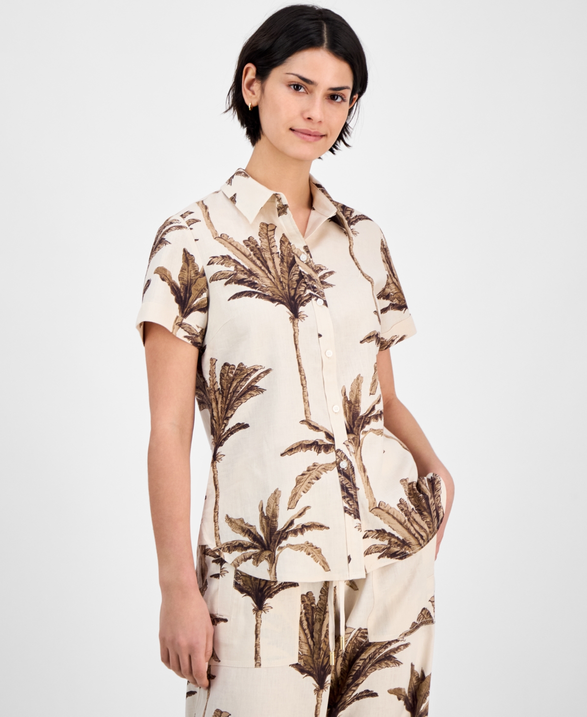 Women's Palm-Print Linen-Blend Camp Shirt - Parchment Multi