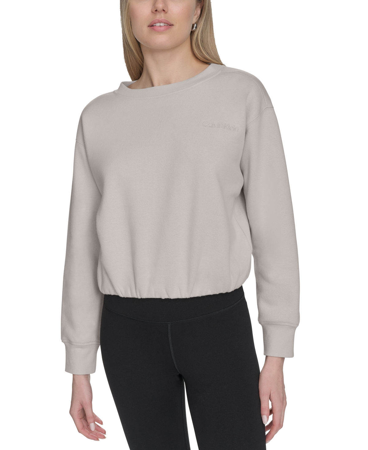 Calvin Klein Women's Logo Fleece Bubble Hem Top In White Pepp