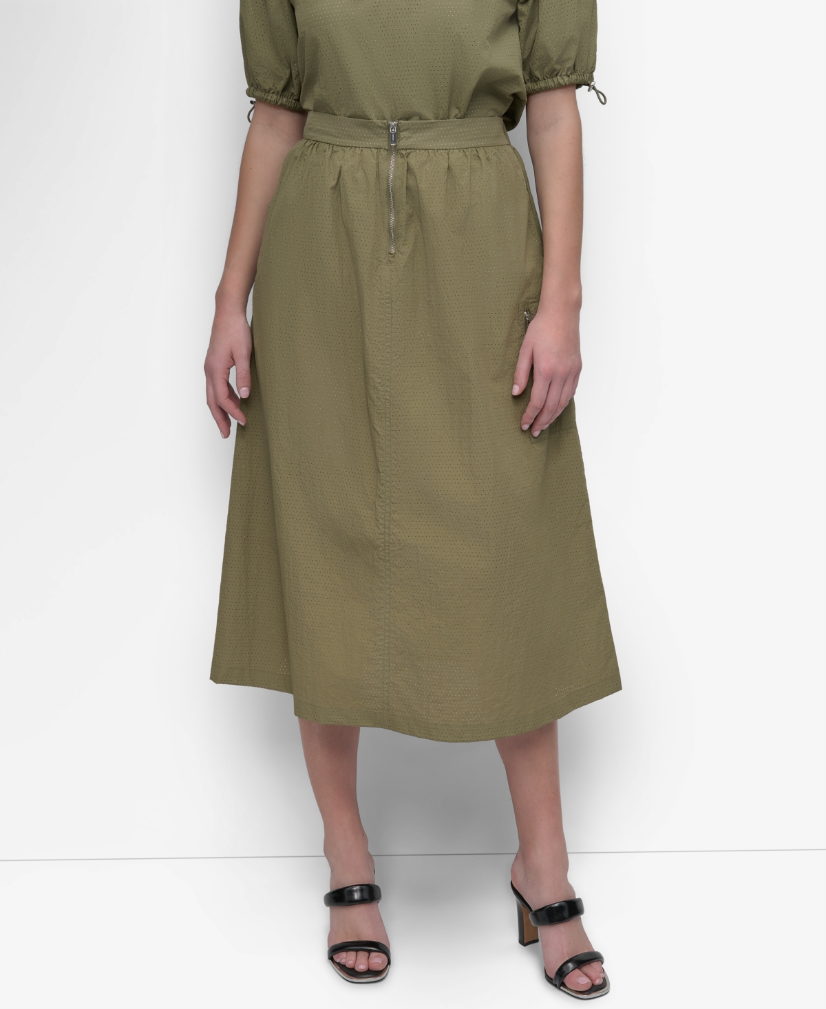 Women's Perforated Zip-Front Midi Skirt - Utility Green