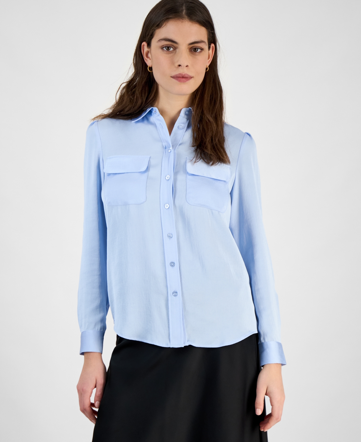 Women's Button-Front Long-Sleeve Blouse, Exclusively at Macy's - Chateau Blue