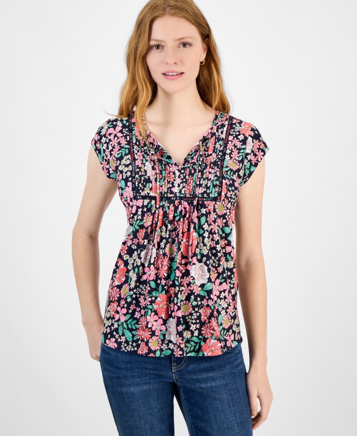 Shop Tommy Hilfiger Women's Tie-neck Pintuck-front Top In Sky Capt Multi