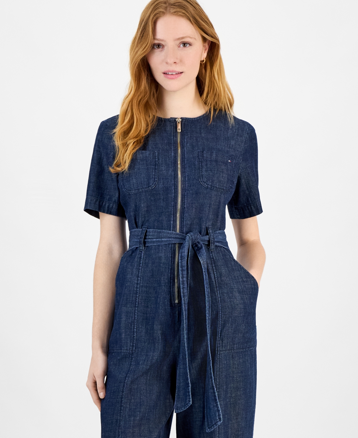 Tommy Hilfiger Women's Denim Zip-front Belted Jumpsuit In Dark Benson