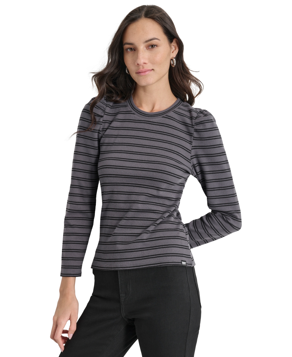 Petite Striped Round-Neck Puff-Shoulder Top - Forged Iron/Black