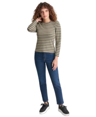 DKNY Jeans - Petite Striped Round-Neck Puff-Shoulder Top