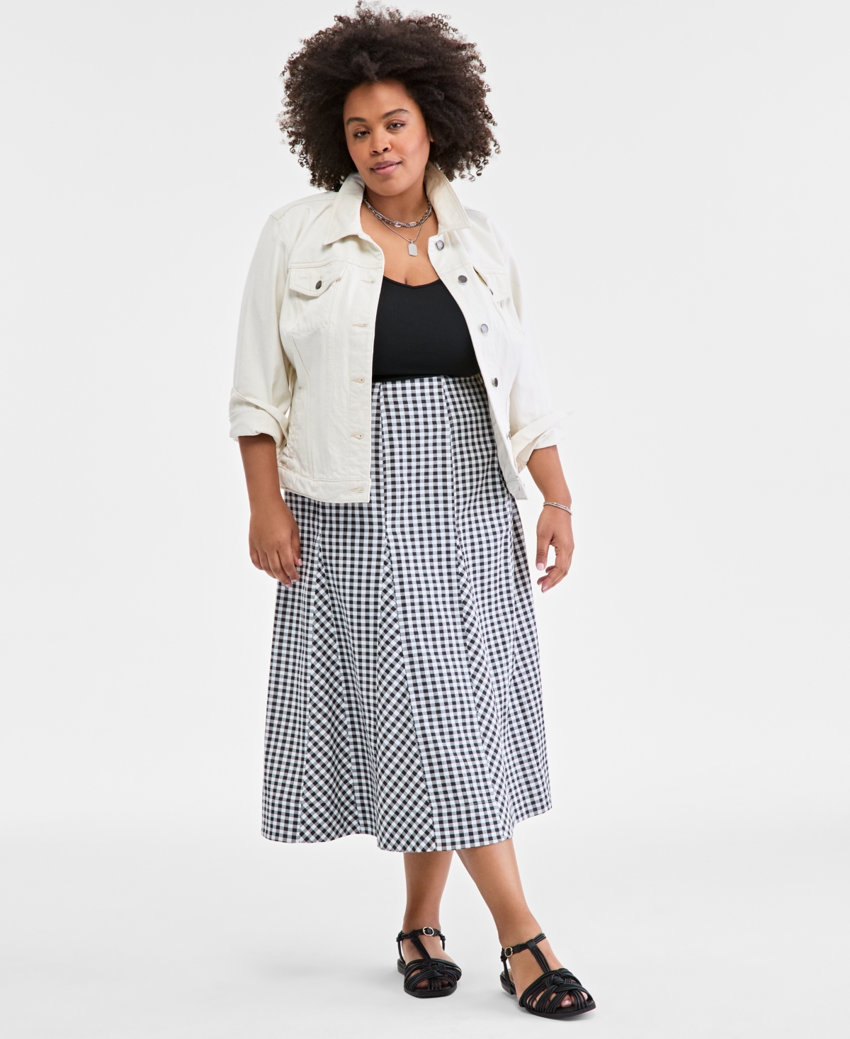 On 34th Trendy Plus Size Gingham Seersucker Midi Skirt, Exclusively At Macy's In Black,whit