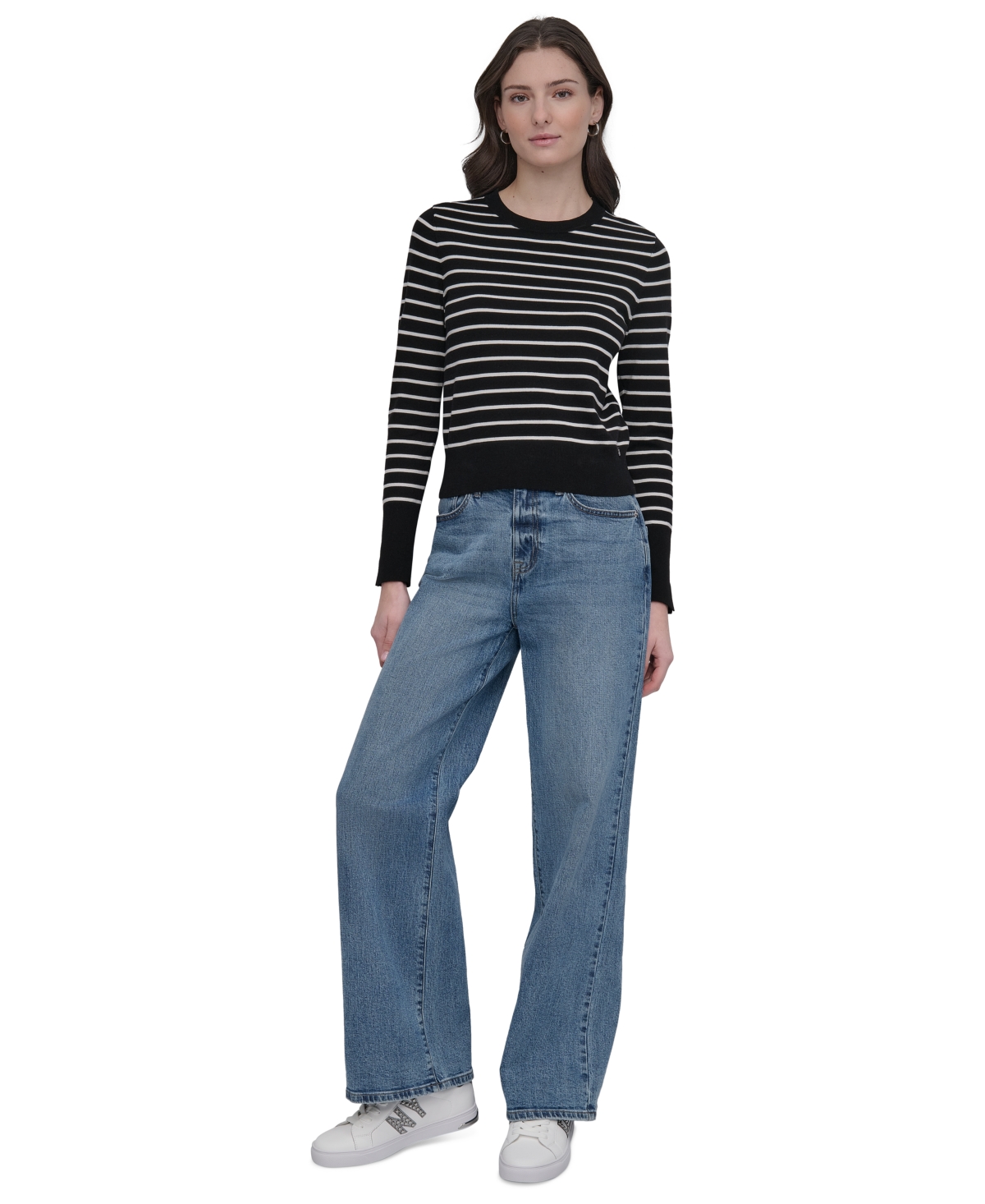 DKNY JEANS PETITE STRIPED CREWNECK SWEATER 