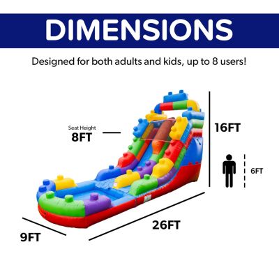 HeroKiddo Block Party Commercial Grade Inflatable Water Slide with Attached Pool /  Drainage / Air Blower Included, Outdoor Indoor, Rental Quality, Big Inflatable