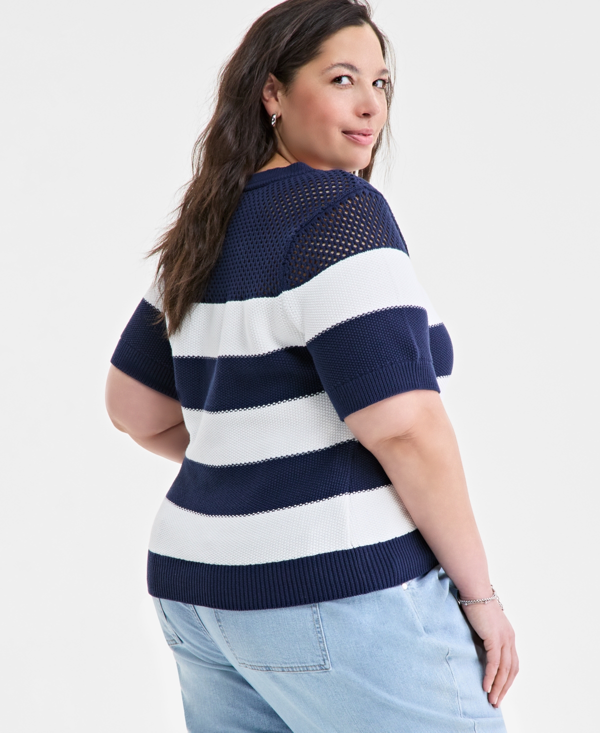 ON 34TH TRENDY PLUS SIZE OPEN-KNIT STRIPED SHORT-SLEEVE SWEATER, EXCLUSIVELY AT MACY'S 