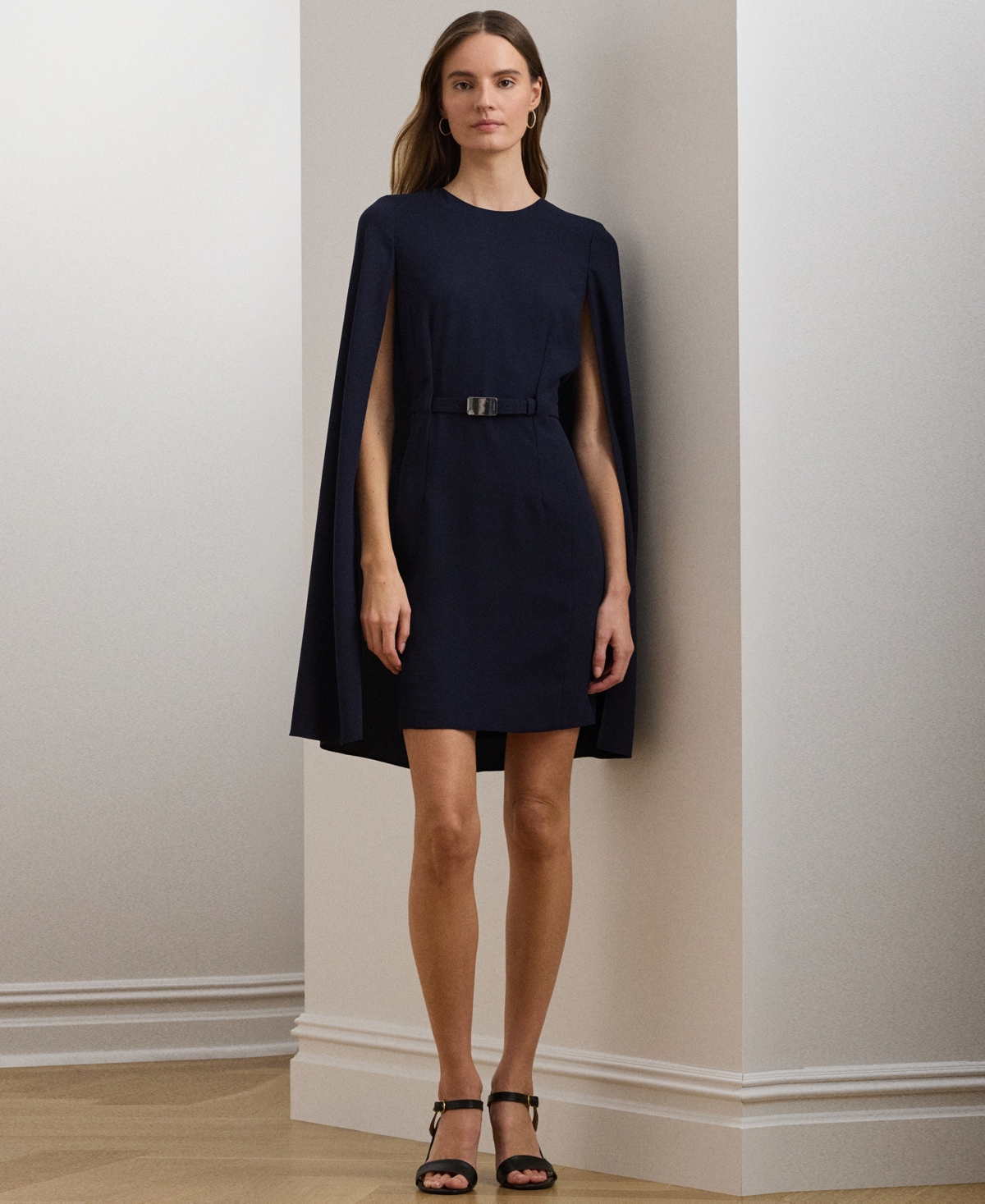 Ralph Lauren Women's Belted Cape Georgette Cocktail Dress In Lighthouse Navy