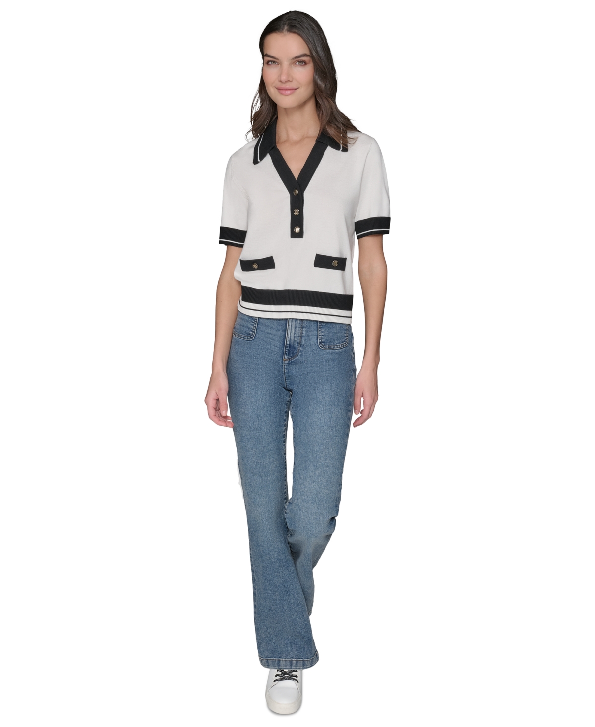 Shop Karl Lagerfeld Petite Short-sleeve Tipped Polo Sweater In Soft White,black