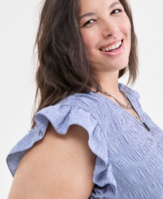 On 34th Trendy Plus Size Micro-Gingham Seersucker Flutter-Sleeve Top, Exclusively at Macy's