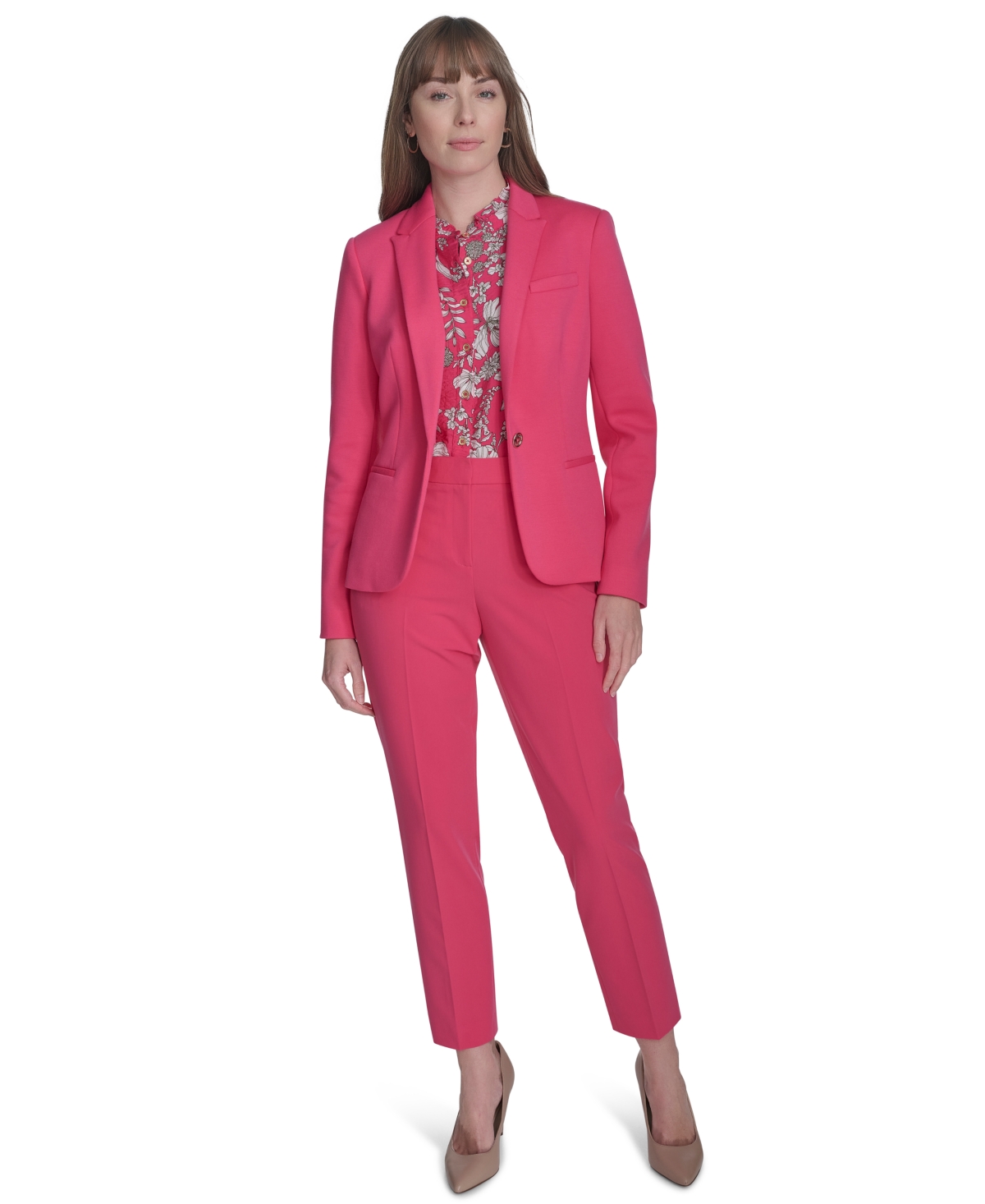 Tommy Hilfiger Womens One Button Blazer Sloane Pants Printed Puff Sleeve Blouse In Rosette
