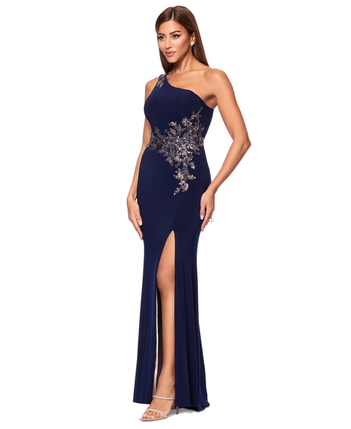 Xscape Women's Applique One-shoulder Gown In Navy