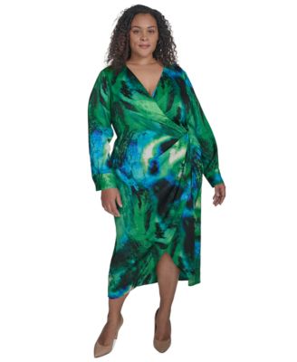 DKNY - Plus Size Faux-Wrap Tie-Side Printed Dress