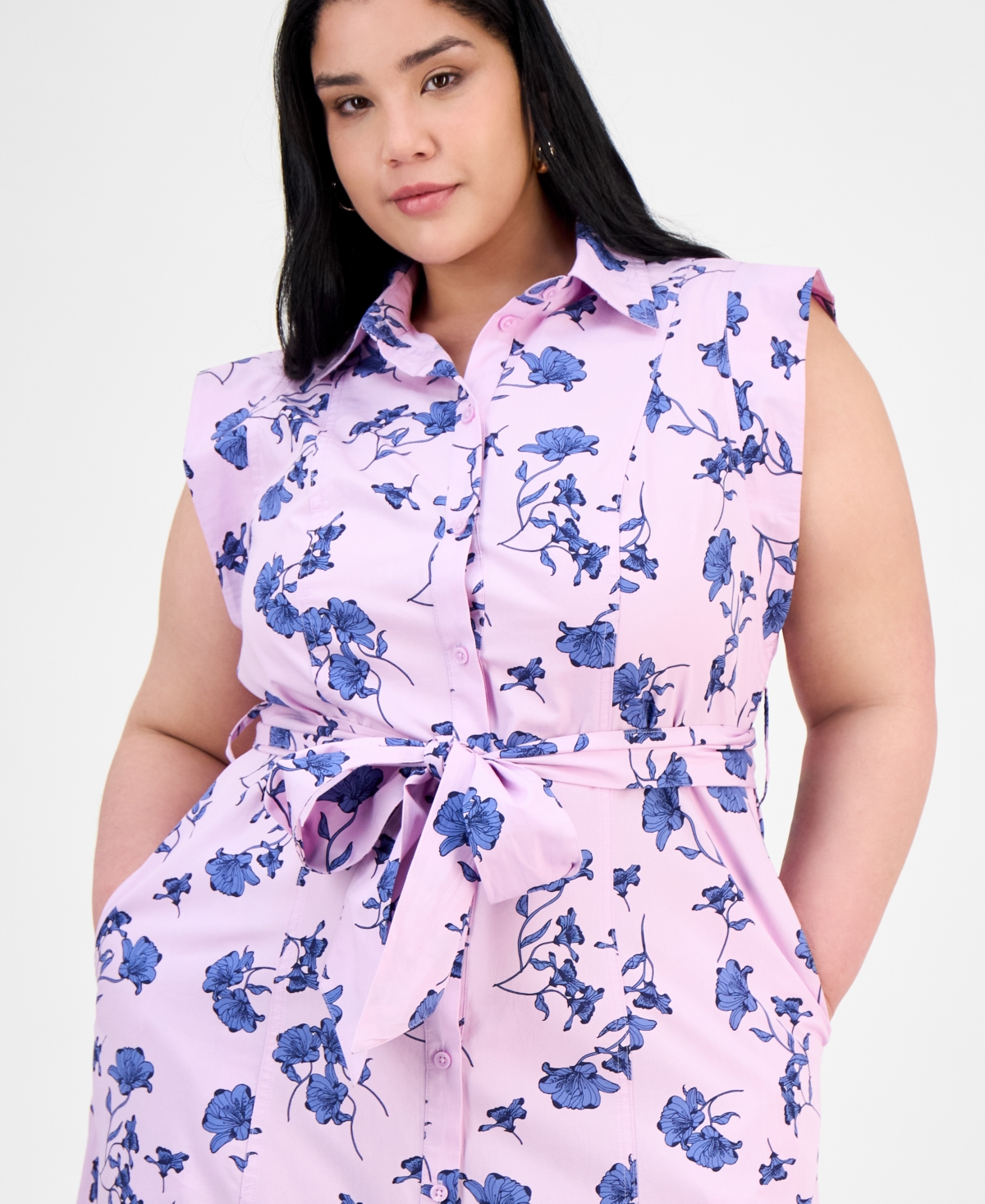ON 34TH TRENDY PLUS SIZE COTTON BELTED MIDI SHIRTDRESS, EXCLUSIVELY AT MACY'S 