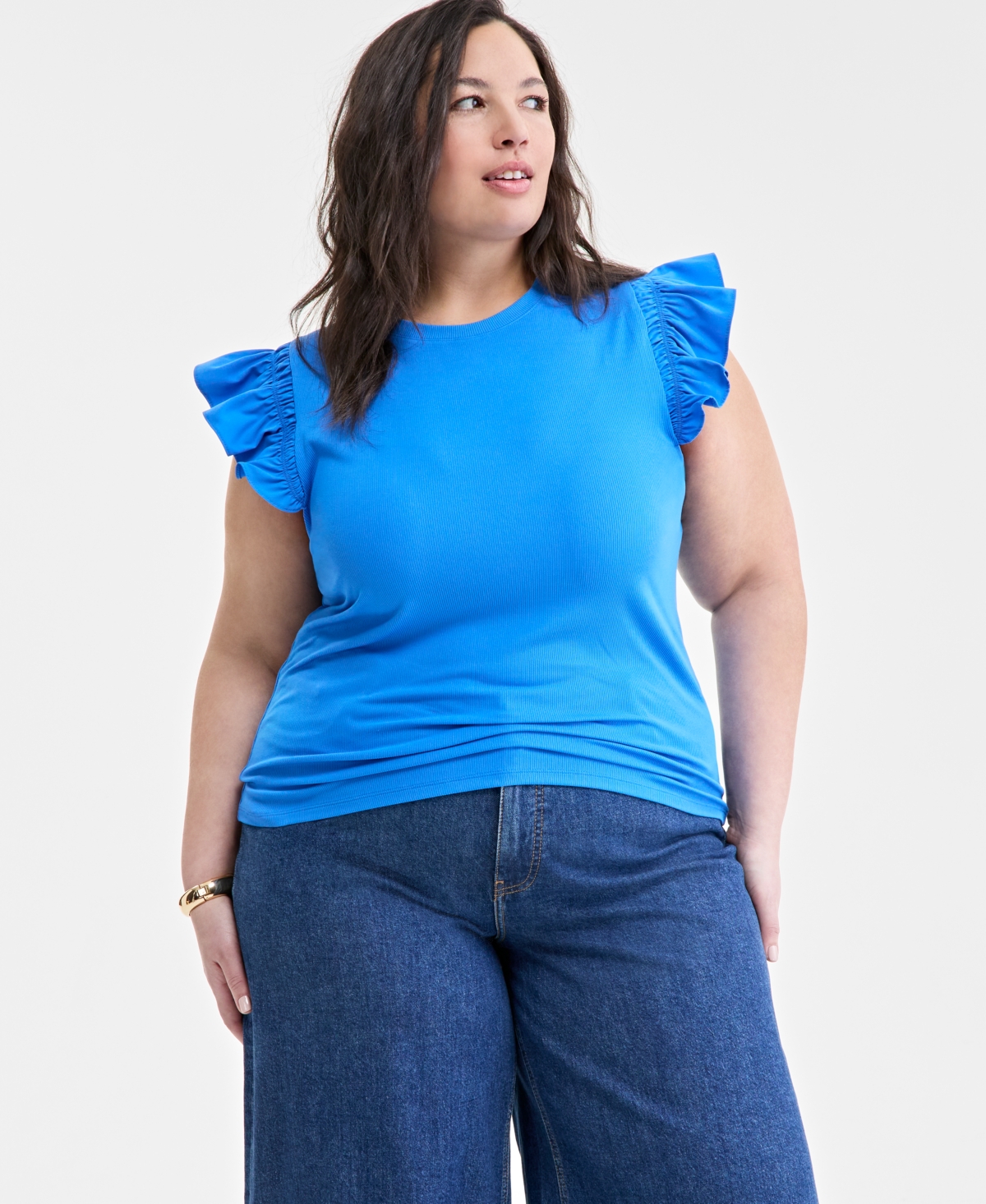 ON 34TH TRENDY PLUS SIZE CREWNECK FLUTTER-SLEEVE TOP, CREATED FOR MACY'S 