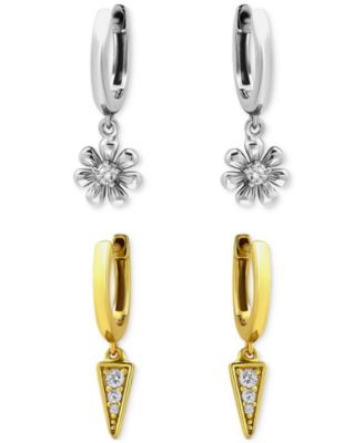 2-Pc. Set Cubic Zirconia Flower & Spike Charm Hoop Earrings (1/4 ct. t.w.) in Two-Tone Sterling Silver, Exclusively at Macy's