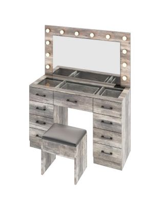 Vanity Desk Set with Large Lighted Mirror and Power Outlet for Makeup and Styling Convenience