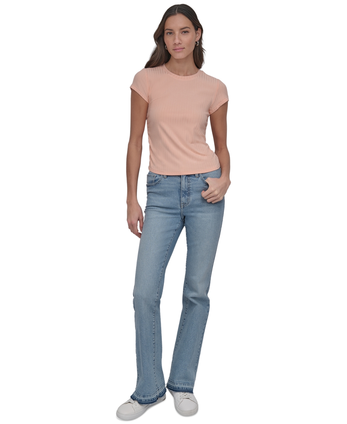 DKNY JEANS WOMEN'S RIBBED CAP-SLEEVE T-SHIRT 