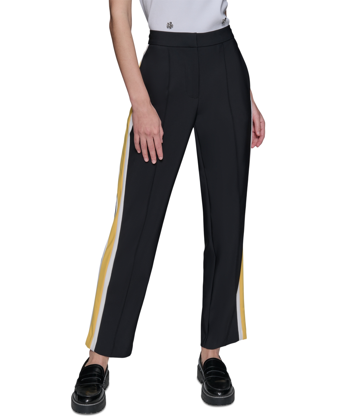 Shop Karl Lagerfeld Women's Side-stripe Ankle Pants In Black  Daffodil