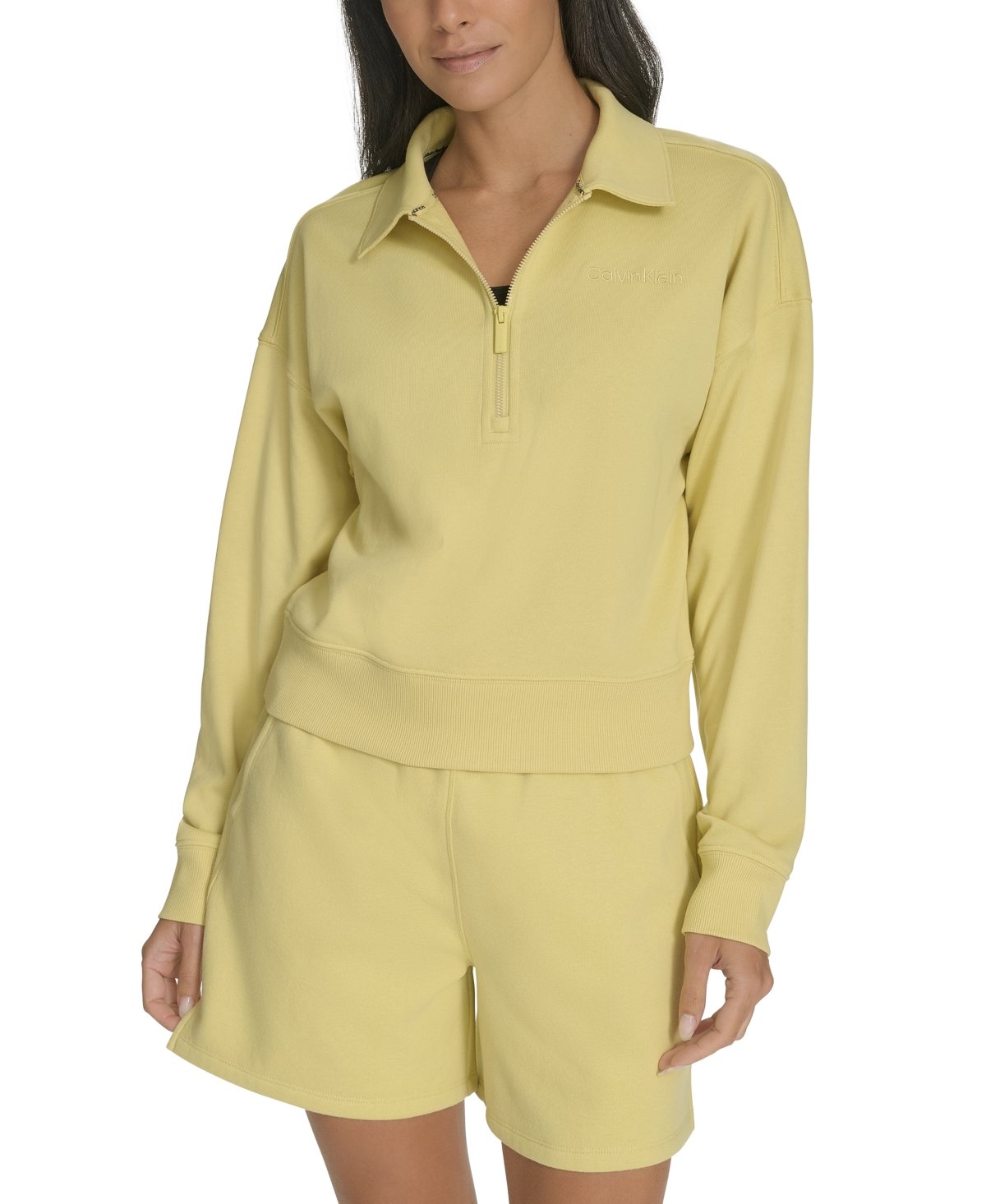 Calvin Klein Women's French Terry Collared Half-zip Pullover Top In Muted Lime