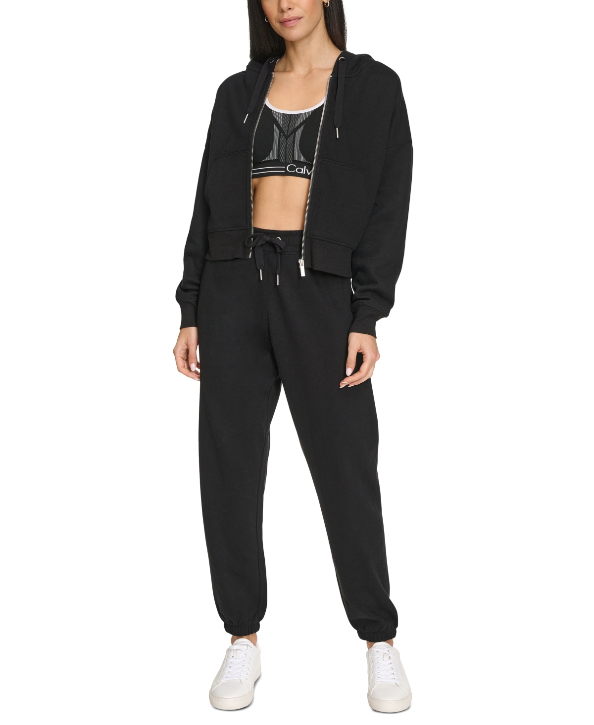 Shop Calvin Klein Women's Fleece Crop Zip-front Long-sleeve Hoodie In Black