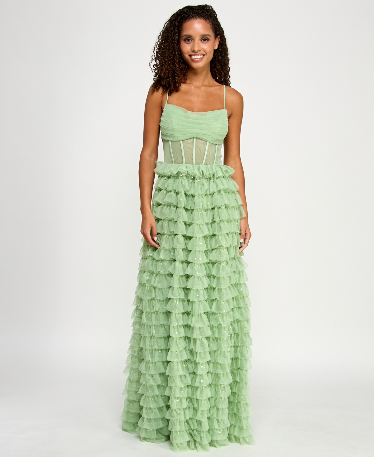 Juniors' Ruffled Embellished Corset Gown, Created for Macy's - Sage