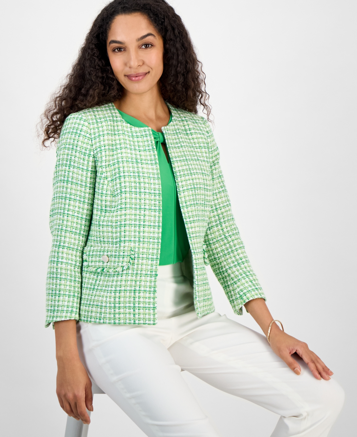 Kasper Women's Tweed Collarless Open-front Jacket, Regular & Petite Sizes In Spring Green Multi