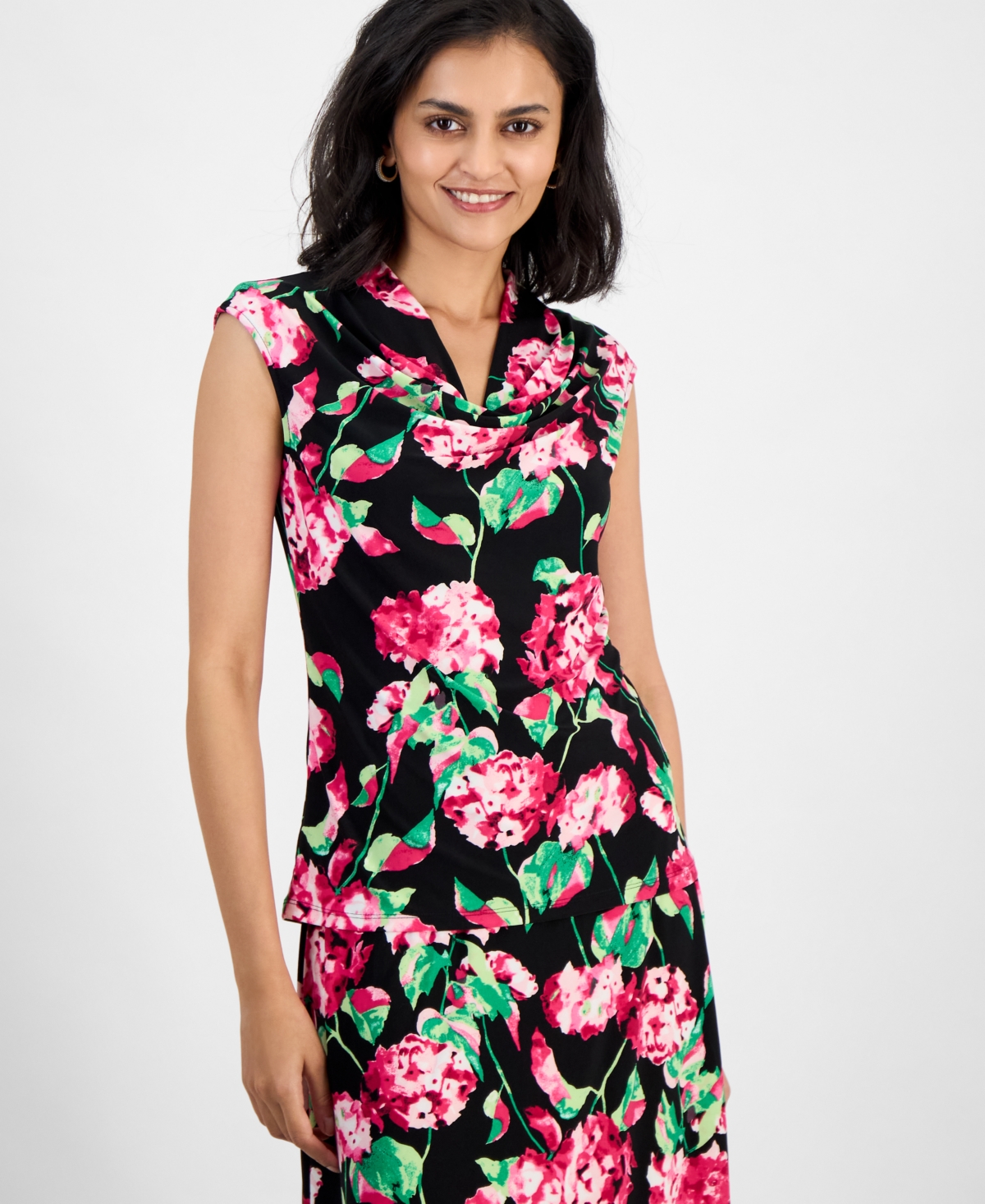 Women's Floral Cowlneck Cap-Sleeve Top - Black Multi