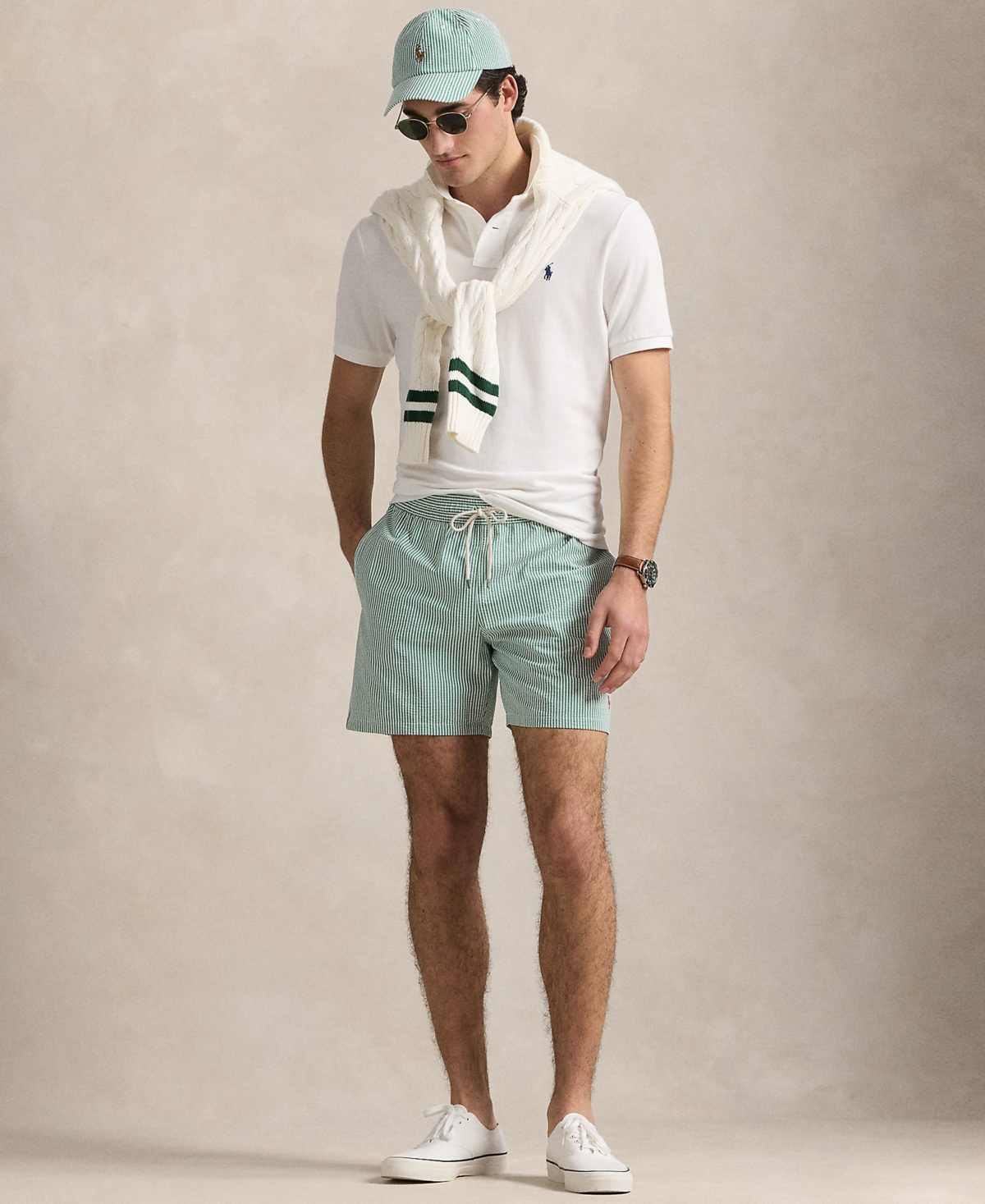 Polo Ralph Lauren Men's 5-3/4" Traveler Classic Striped Swim Trunk - Raft Green Seersucker