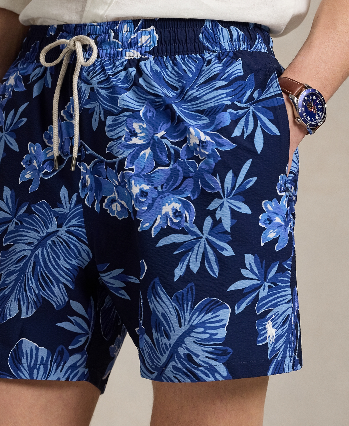 Polo Ralph Lauren Traveler Straight-leg Mid-length Floral-print Seersucker Swim Shorts In Blue Tropical 2020