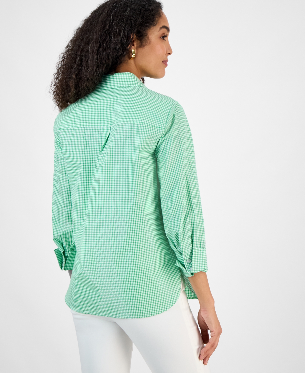 Kasper Women's Gingham Button-front 2/3-sleeve Shirt In Lily White,apple Green