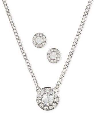 Stone & Crystal Halo Pendant Necklace & Stud Earrings Set