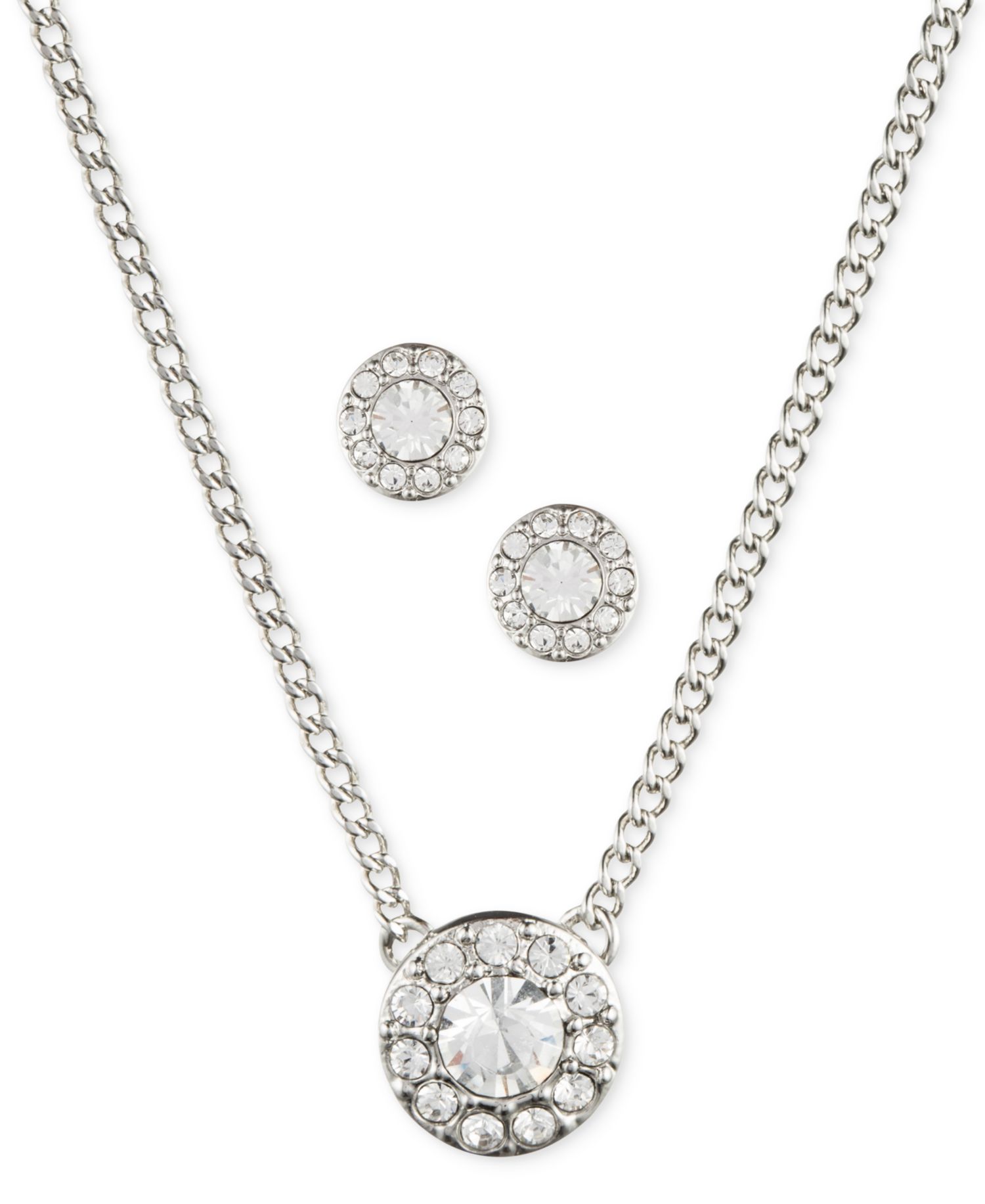 Stone & Crystal Halo Pendant Necklace & Stud Earrings Set