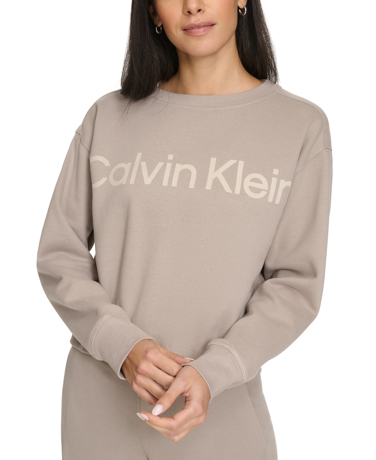 Calvin Klein Performance Women's Flocked-logo Fleece Sweatshirt In Moonrock