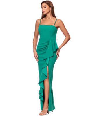 Women's Ruffled Side-Slit Scuba Crepe Gown