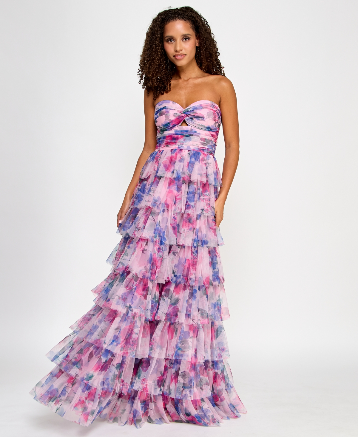BCX JUNIORS' FLORAL PRINT RUFFLED STRAPLESS GOWN 