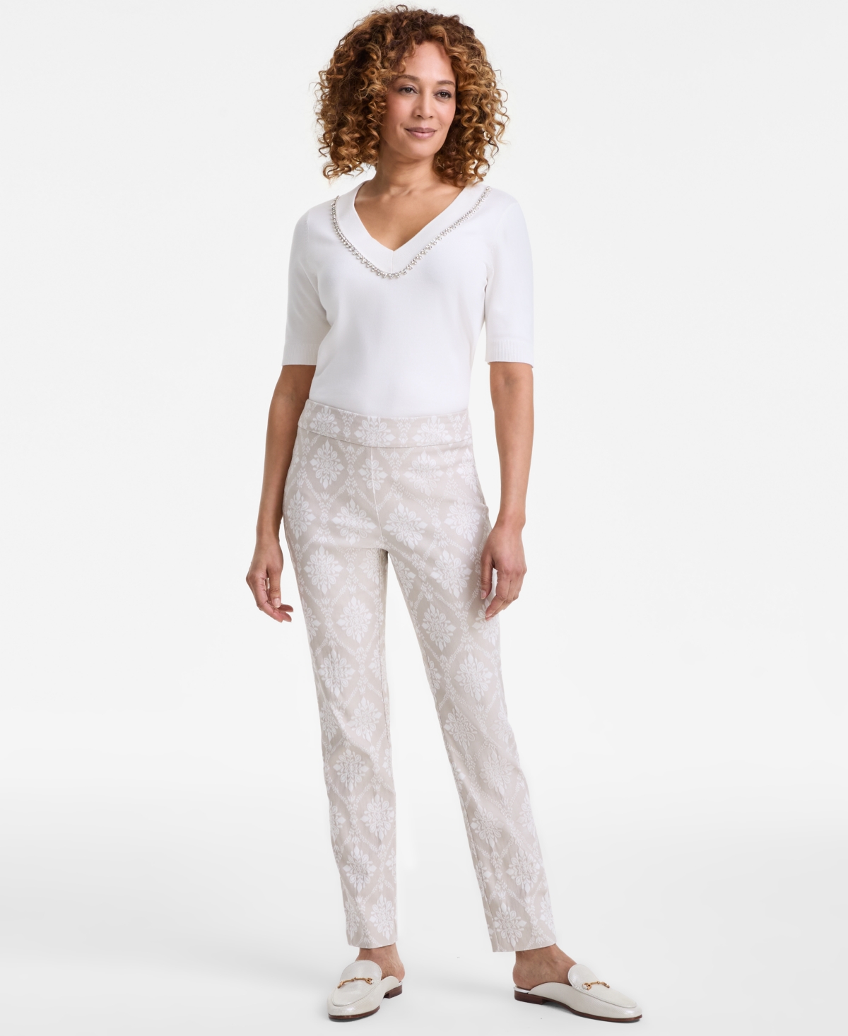 Jm Collection Petite Jacquard Medallion-print Pull-on Pants, Exclusively At Macy's In Stonewall