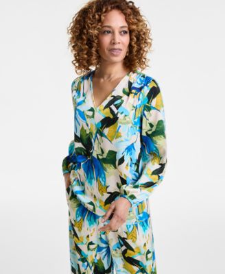 JM Collection - Women's Printed Satin V-Neck Long-Sleeve Top