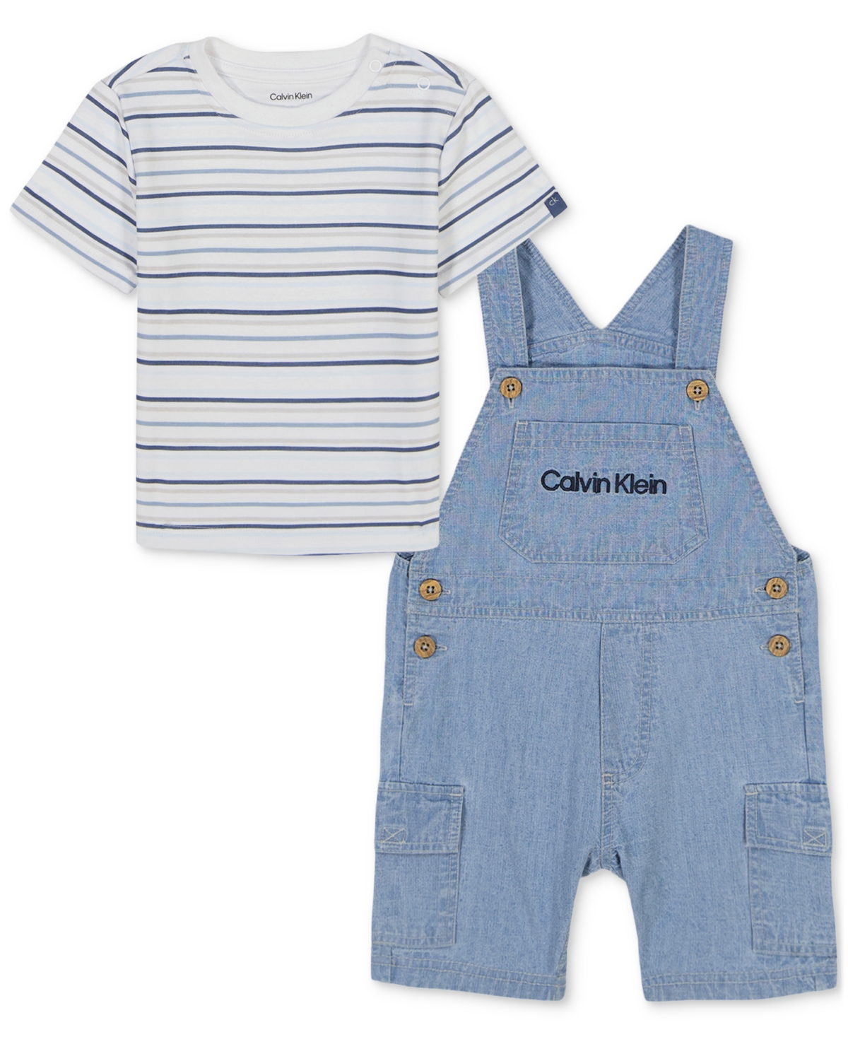 Calvin Klein Baby 2-pc. Set Striped T-shirt & Denim Cargo Shortall In Multi
