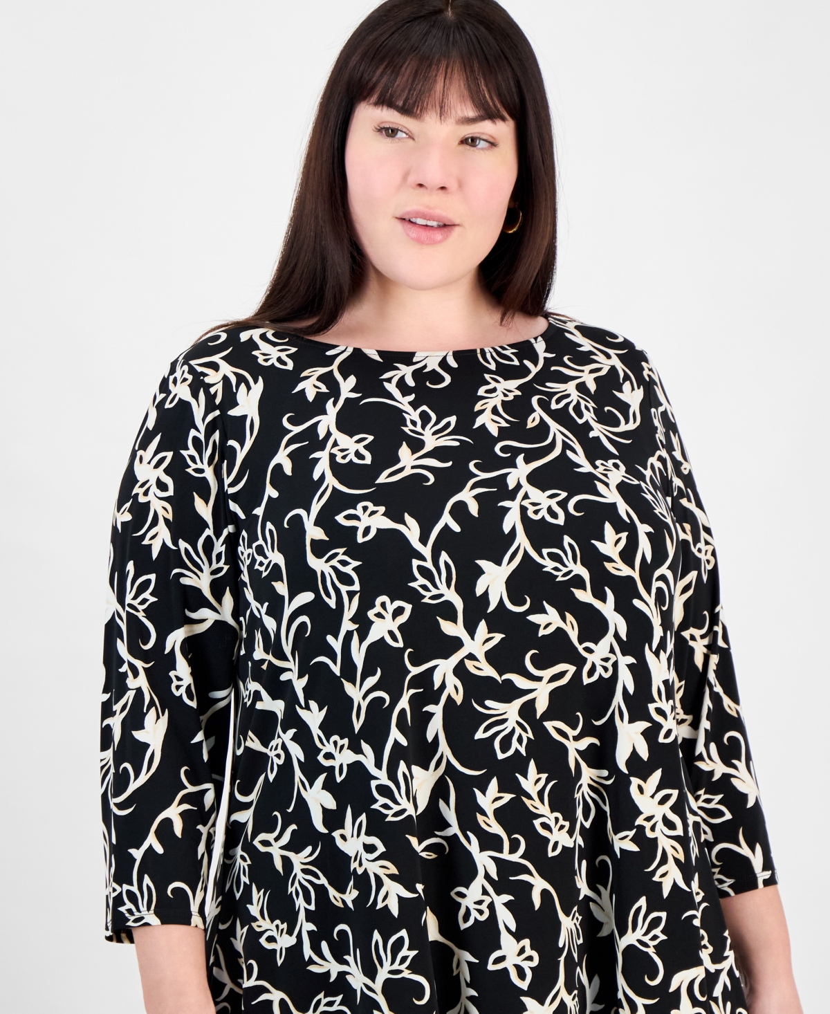 Jm Collection Plus Size Printed High-low Swing Top, Exclusively At Macy's In Deep Black