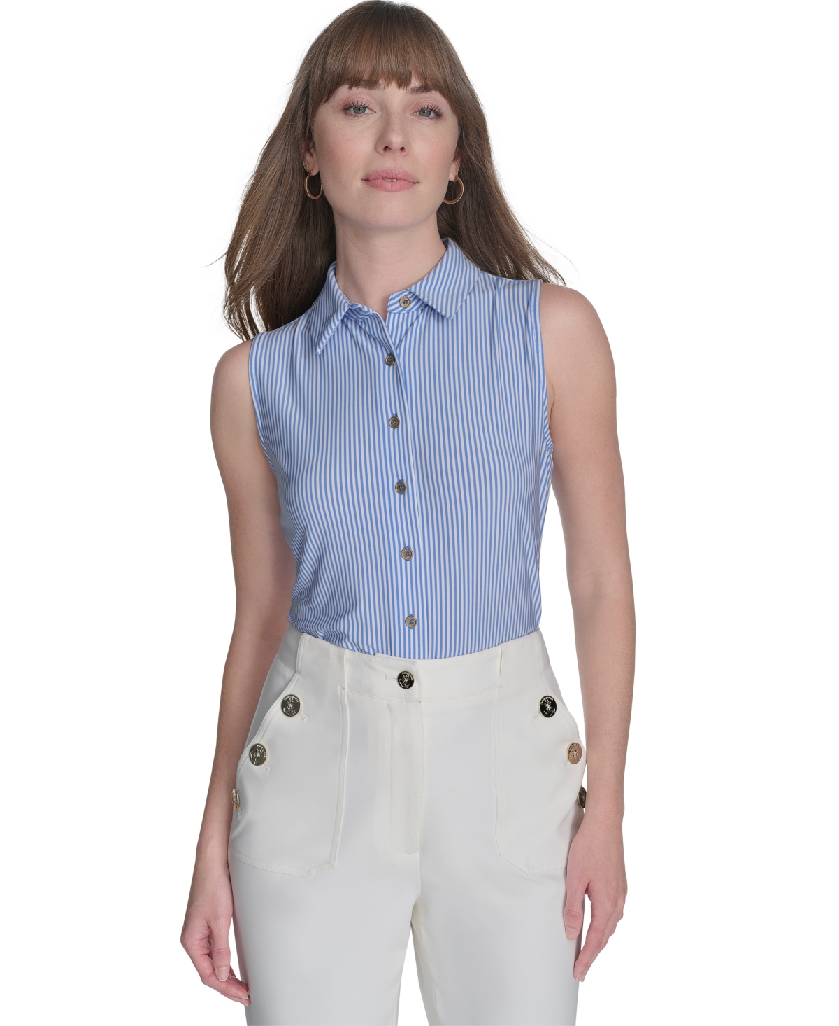 Tommy Hilfiger Women's Striped Sleeveless Button-up Blouse In French Blue,ivory