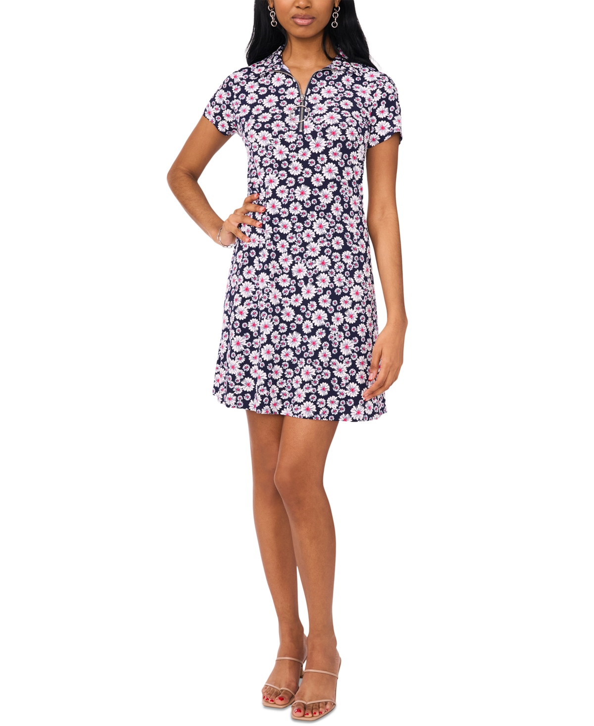 MSK PETITE PRINTED COLLARED SHORT-SLEEVE SHIFT DRESS 