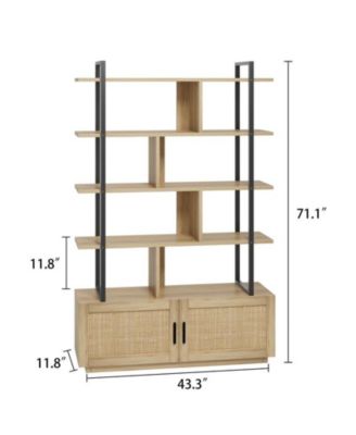 5 Tier Rattan Bookshelf with Storage Cabinet & Door, 71.1 Inch Tall Industrial Book Shelf with Open Display Shelves, 5 Shelf Bookcase with Metal Frame